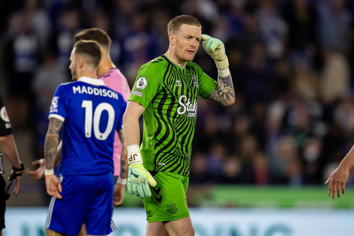 Everton goalkeeper Jordan Pickford pictured during his team's 2-2 draw at Leicester City in May 2023